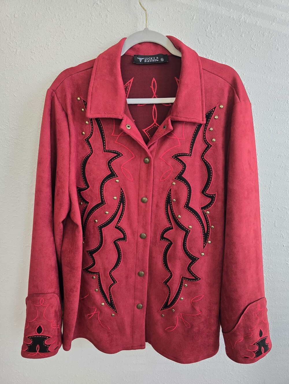Lucky & Blessed Red Suede Boot Stitch Studded Jacket Western Rodeo Jacket XL - Picture 2 of 7
